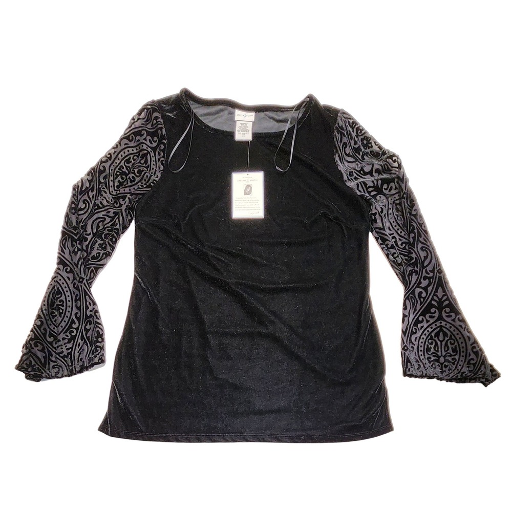 Jaclyn Smith Black Velvet Bell Sleeve Burnout Paisley Top Goth Boho Womens L NWT